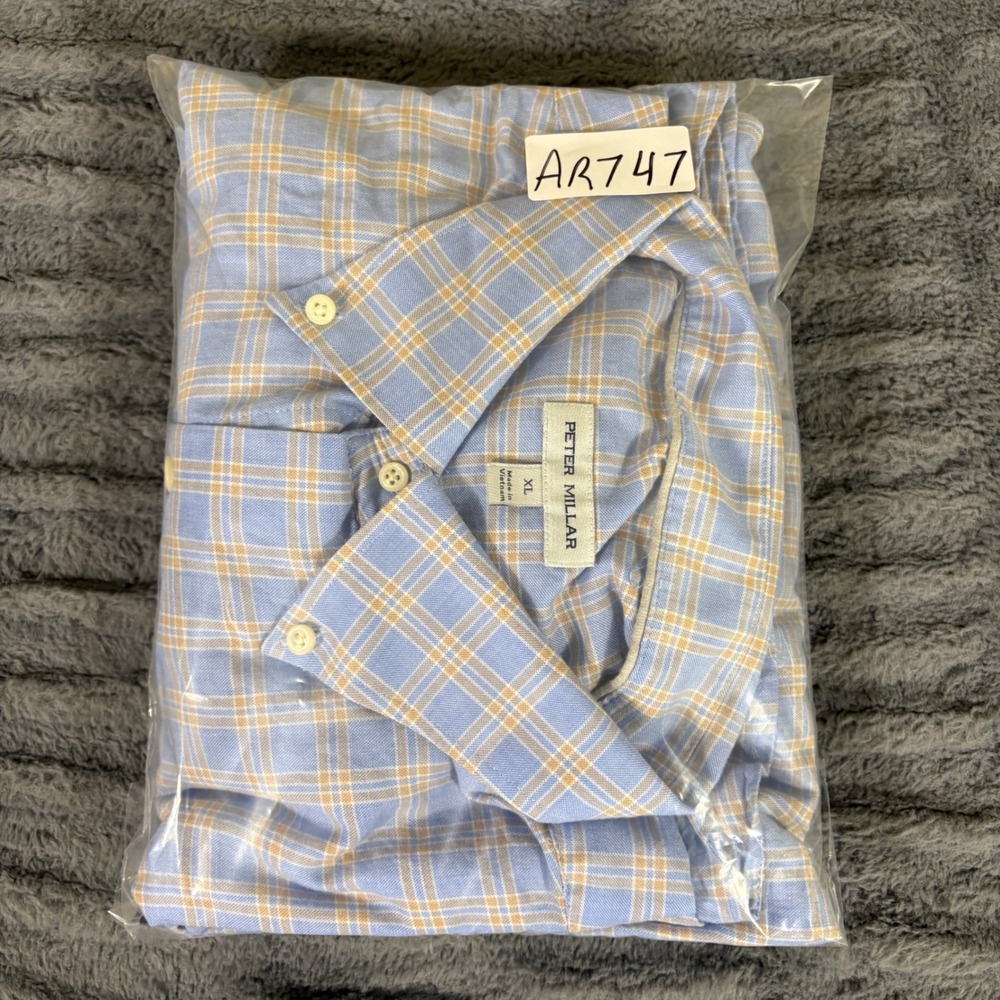 Peter Millar Mens XL Blue Orange Plaid Button Down 100% Cotton Long Sleeve Shirt - Picture 8 of 8